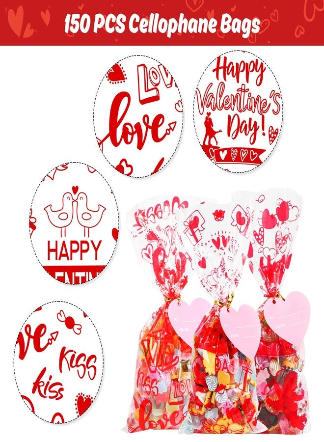 LOKIPA 150 PCS Valentines Cellophane Treat Bags with 50PCS Gift Tags Pink Heart Valentines Gift Goodie Candy Bags with 180 Pieces Twist Ties for Valentines Party Favor Supplies - Image 2